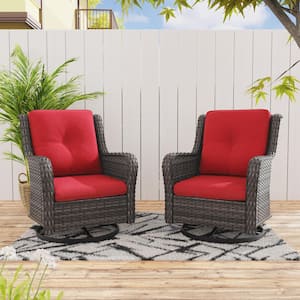 Wicker Outdoor Patio Swivel Rocking Chair with Red Cushions (2-Pack)