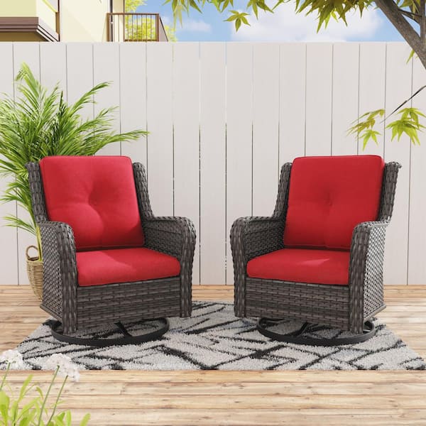 Gardenbee Wicker Outdoor Patio Swivel Rocking Chair with Red Cushions (2-Pack)