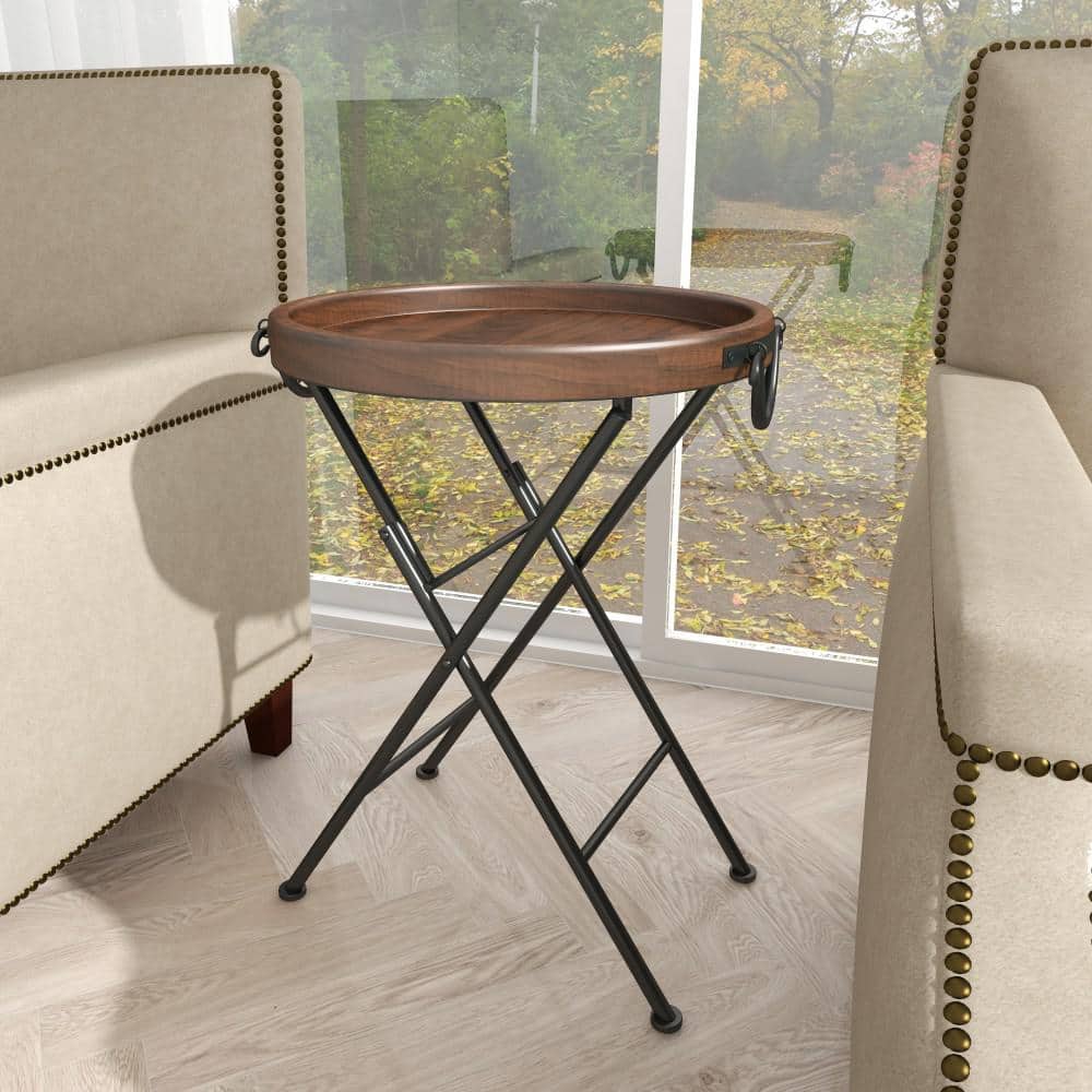 Black Metal Folding Accent Table with Brown Wood Top