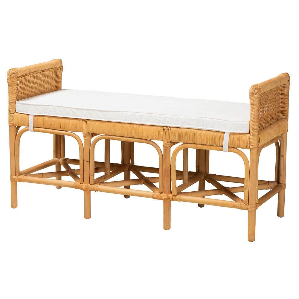 Nairi Natural Brown Rattan Bench with Storage and Cushion