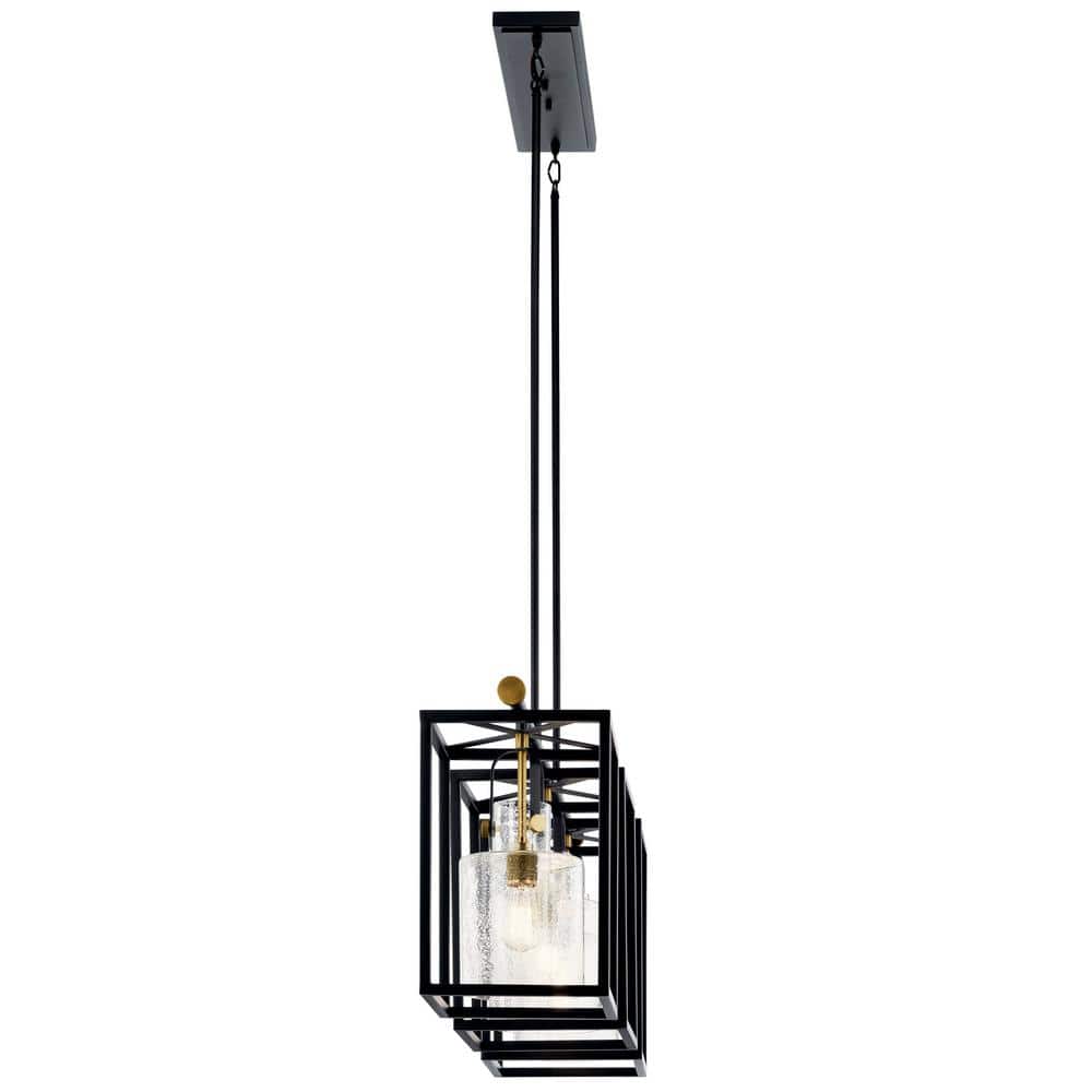 Natural Brass and Black 3-Light Linear Chandelier with Clear Seeded Glass