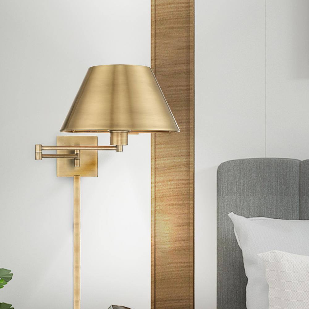 Antique Brass Swing Arm Wall Lamp with Satin Shade