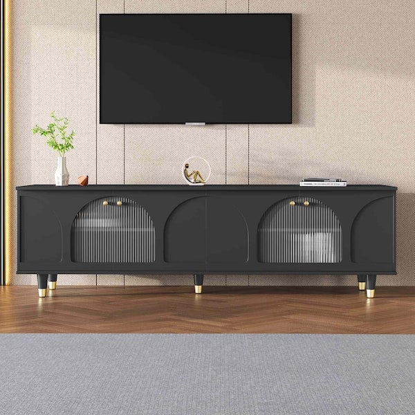 Modern Black TV Stand Fits TV's Up to 78 in. with Adjustable Shelves, Gold Handles and Arch Fluted Glass Doors
