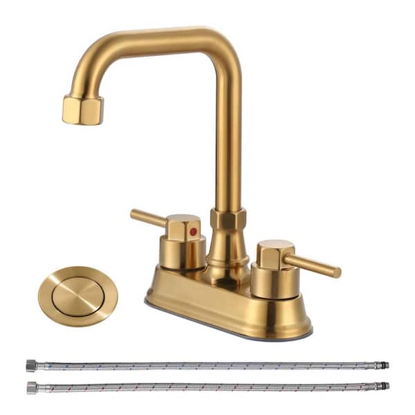 4 in. Centerset Double Handle High Arc Bathroom Faucet with Drain Kit Included in Gold