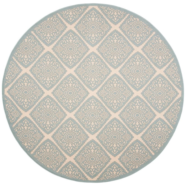 Linden Cream/Aqua 7 ft. x 7 ft. Geometric Floral Medallion Indoor/Outdoor Round Area Rug