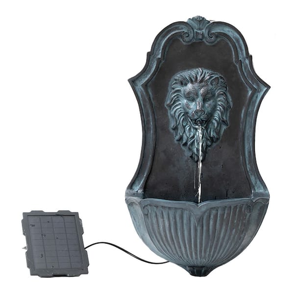 29.9 in. Solar-Powered Wall-Mounted Lion Head Waterfall Fountain, Resin, Outdoor, Gray