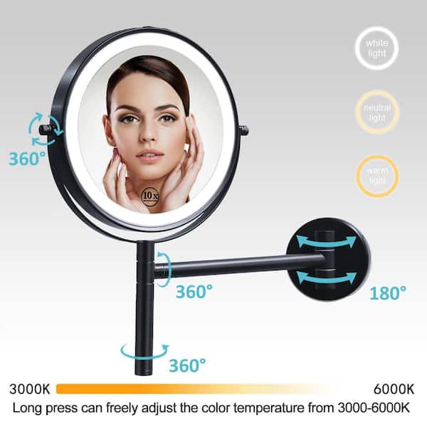 EAKYHOM 8 in. x 8 in. Bathroom magnifying Wall Mounted LED 10x Round Makeup Mirror in Mate Black