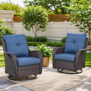 Brown Swivel Wicker Outdoor Rocking Chair with Blue Cushions and Glide Function (2-Pack)