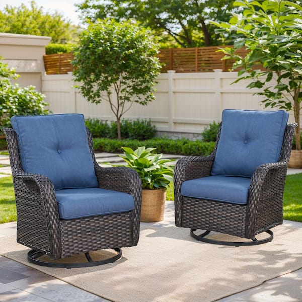 4-Piece Brown Wicker Patio Conversation Set with Olefin Blue Cushions and Swivel Glider Chairs/Sofa