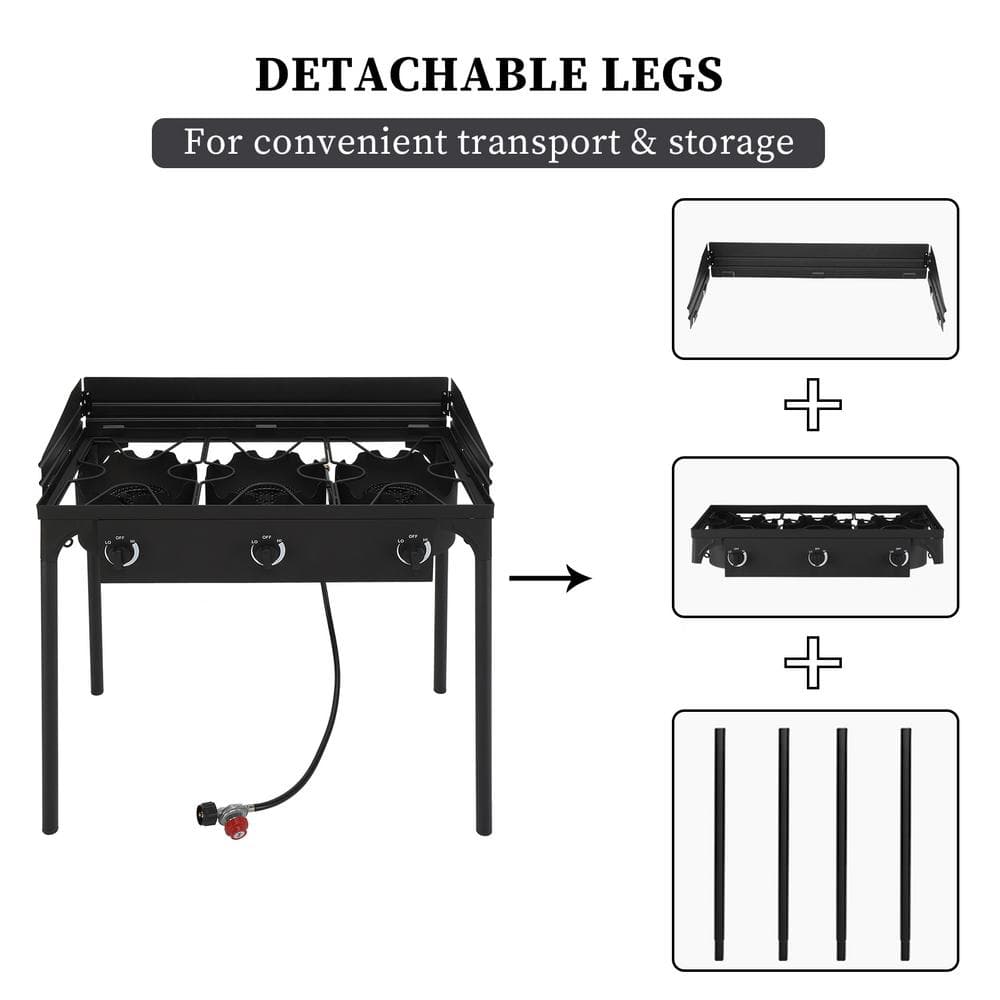 Portable Black 3-Burner Propane Gas Grill with Folding Shelves