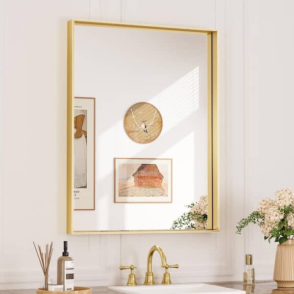 KeonJinn 24 in. W x 32 in. H Rectangular Aluminum Square Corner Framed Wall Mount Bathroom Vanity Mirror in Brushed Gold