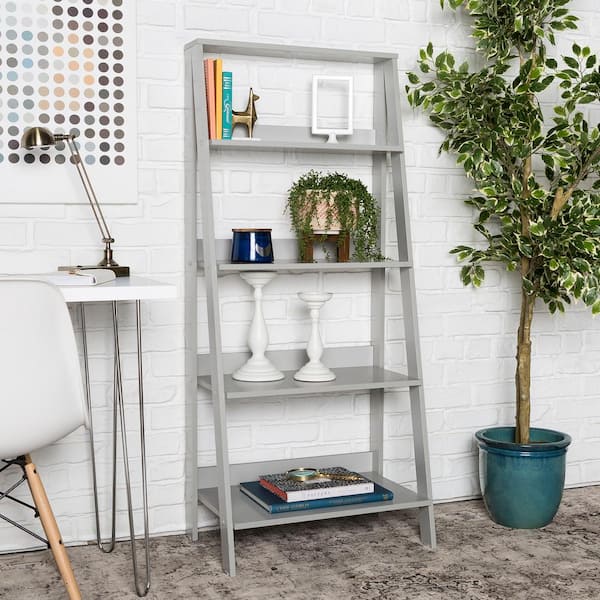 Walker Edison Furniture Company 55 in. Gray Wood 4-shelf Ladder Bookcase with Open Back