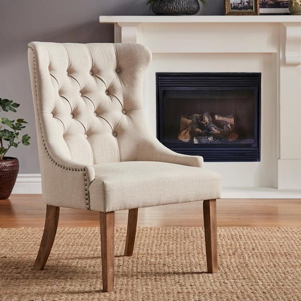 Light Distressed Natural Beige Tufted Dining Chair