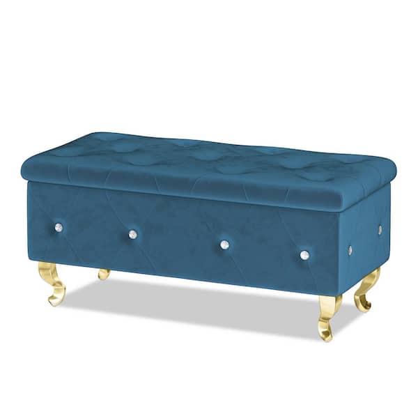 mieres Contemporary Style Blue Velvet Bench with Tufted Flip Top (17.7 in. H x 37.4 in. W x 17.7 in. D)