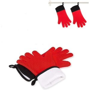 BBQ Gloves, Grilling Gloves Heat Resistant Oven Gloves, Kitchen Silicone Oven Mitts, (Red)