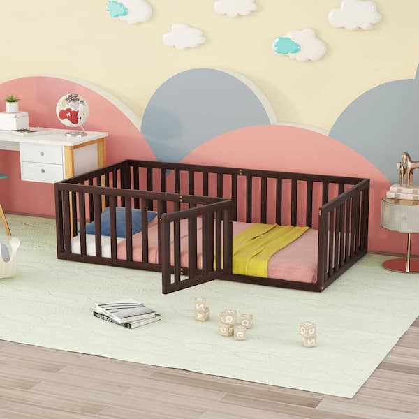 Harper & Bright Designs Walnut Twin Size Wood Floor Bed Platform Bed with Fence and Door