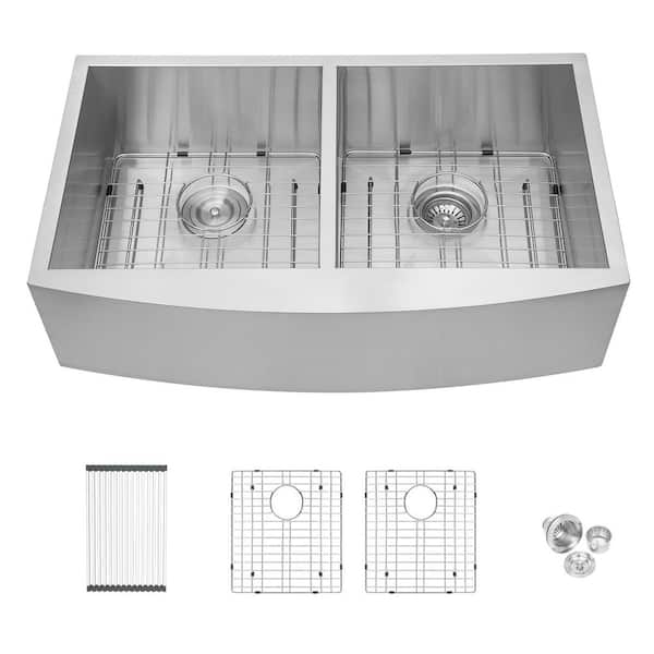 16-Gauge Stainless-Steel 33 in. Double Bowl Farmhouse Apron Front Kitchen Sink with Bottom Grid