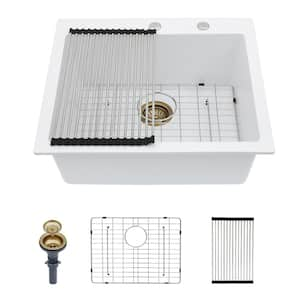 25 in. Drop-In/Topmount Deep Single Bowl Sink White Quartz Composite Kitchen Sink 2 Holes Round Corner with Bottom Grid