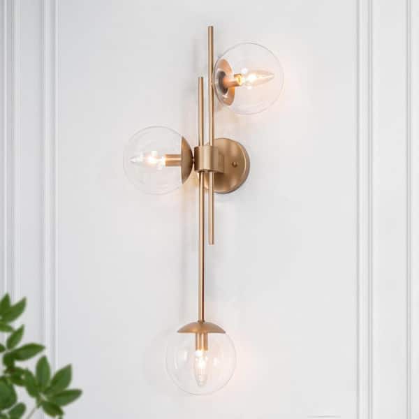30 in. 3-Light Painted Gold Modern Bathroom Vanity Light Decorative Linear Foyer Wall Sconce with Clear Glass Globes