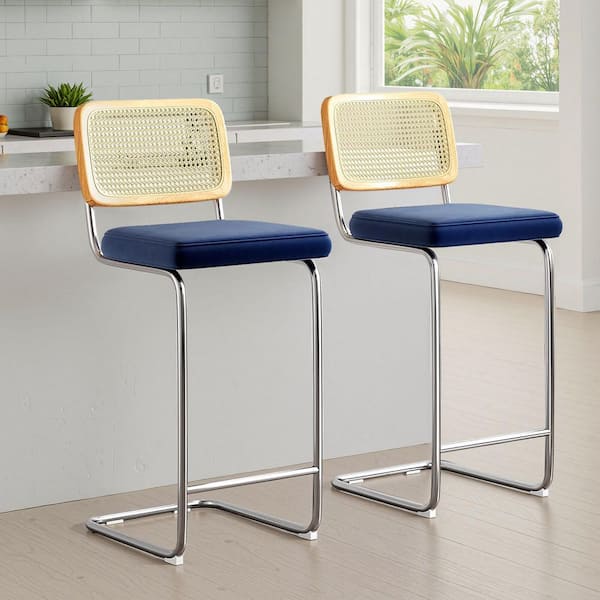Royal Blue Upholstered Velvet 30 in. Height Bar Stool with Rattan Back (Set of 2)