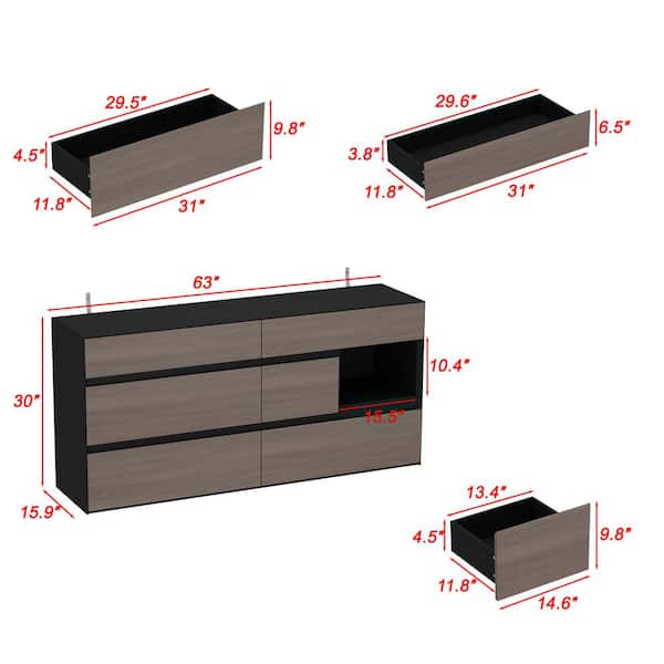 FUFU&GAGA Brown & Black 6 Drawers 63 in. Width Chest of Drawers, Dresser, Storage Cabinet, Sideboard with A Open Shelf L-THD-200269-01