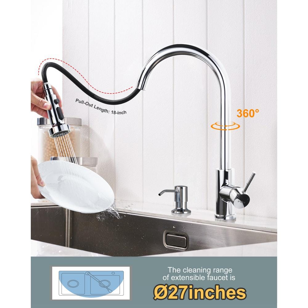 Polished Chrome Stainless Steel Pull-Down Kitchen Faucet with Soap Dispenser