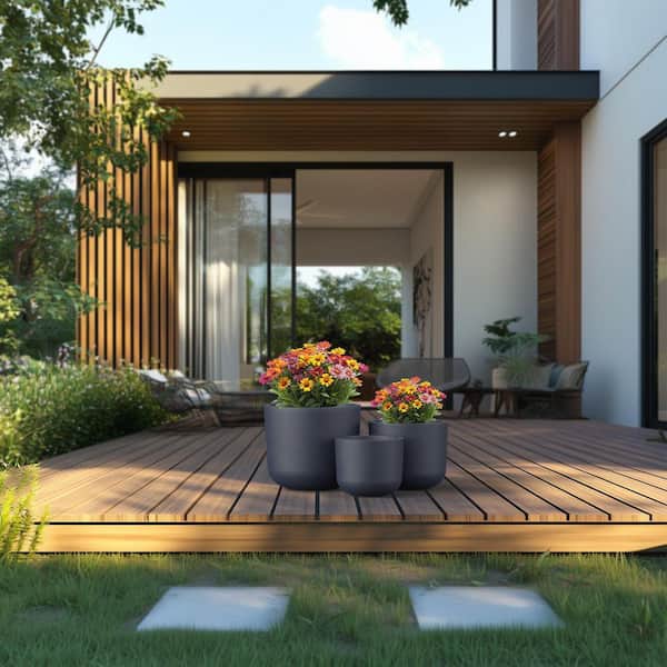 9.5 in. 11.5 in. 13.5 in. Granite Gray(Enhanced Core) Concrete Round Planter / Pot with Drainage Holes (3-Pack)