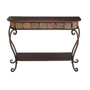 43 in. Brown Extra Large Rectangle Metal Embossed 1 Shelf Floral Console Table with Ornate Scroll Legs