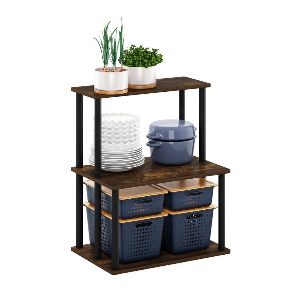 Amber Pine and Black 3-Tier Kitchen Storage Cart with Shelves
