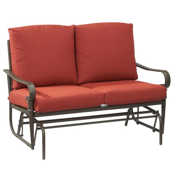 Hampton Bay Oak Cliff Metal Outdoor Glider with Chili Cushions