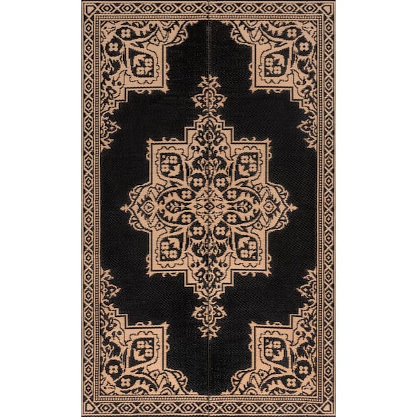 Dory Medallion Border Foldable Waterproof Reversible Plastic Straw Black/Cream 9 ft. x 12 ft. Outdoor Area Rug