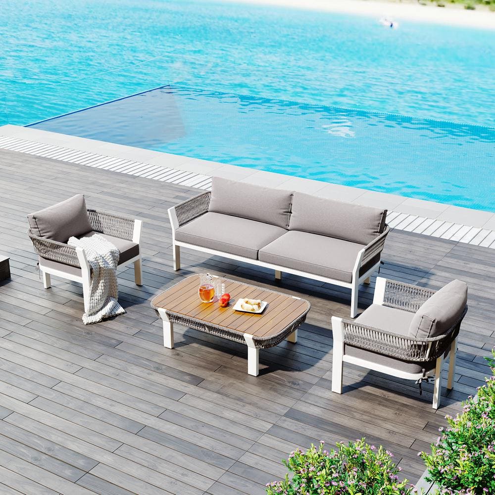 Gray 4-Piece Woven Rope Sling Patio Conversation Set with Coffee Table and Gray Cushions for Poolside, Lawn and Garden