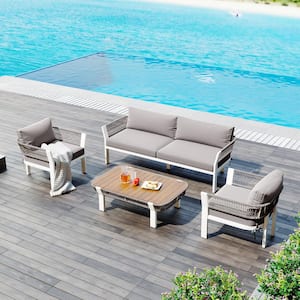 Gray 4-Piece Woven Rope Sling Patio Conversation Set with Coffee Table and Gray Cushions for Poolside, Lawn and Garden
