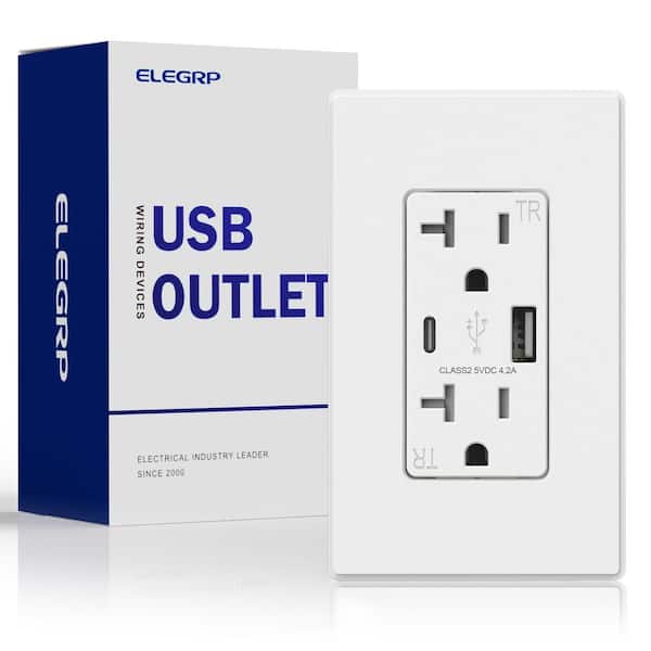 ELEGRP  Amp Type A & Type C USB Charger Wall Outlet, 20 Amp Duplex  Tamper Resistant Outlet, with Wall Plate, White（1 Pack） ER16242AC-0101 -  The Home Depot