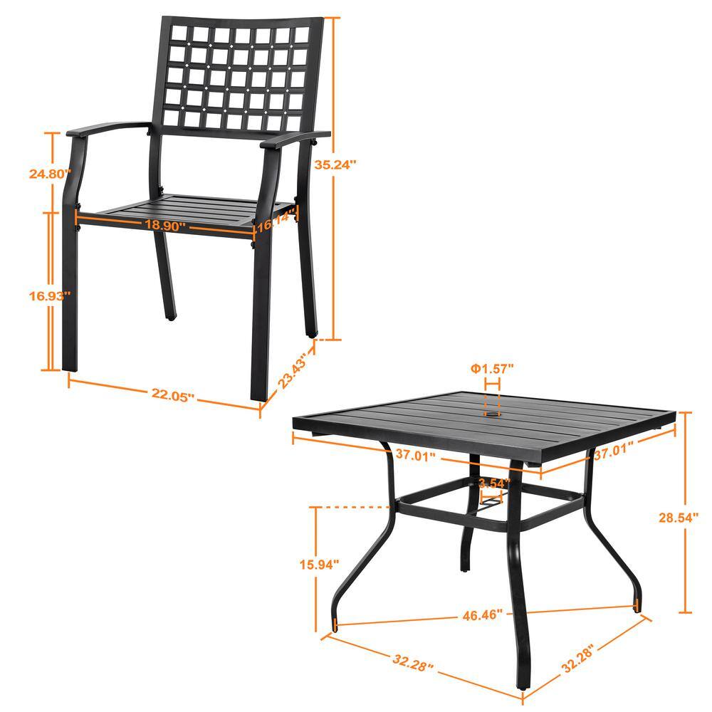 Black Iron 5-Piece Square Outdoor Dining Set with Umbrella Hole