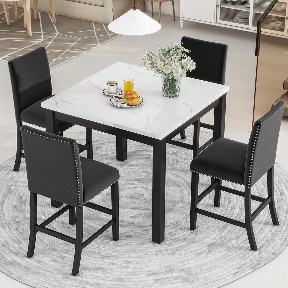 Harper & Bright Designs 5-Piece Square Black and White Faux Marble Top ...