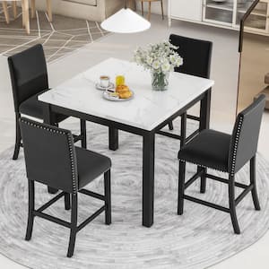 5-Piece Square Black and White Faux Marble Top Counter Height Dining Table Set Seats 4 with 4 Velvet Chairs, Nail Head