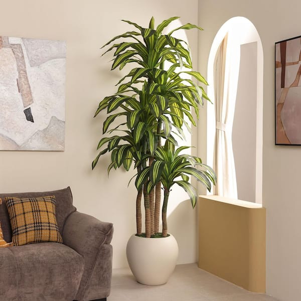 8 ft. Artificial Dracaena Plant Indoor Outdoor Fake Tree with White Planter for Home Office Living Room Decor