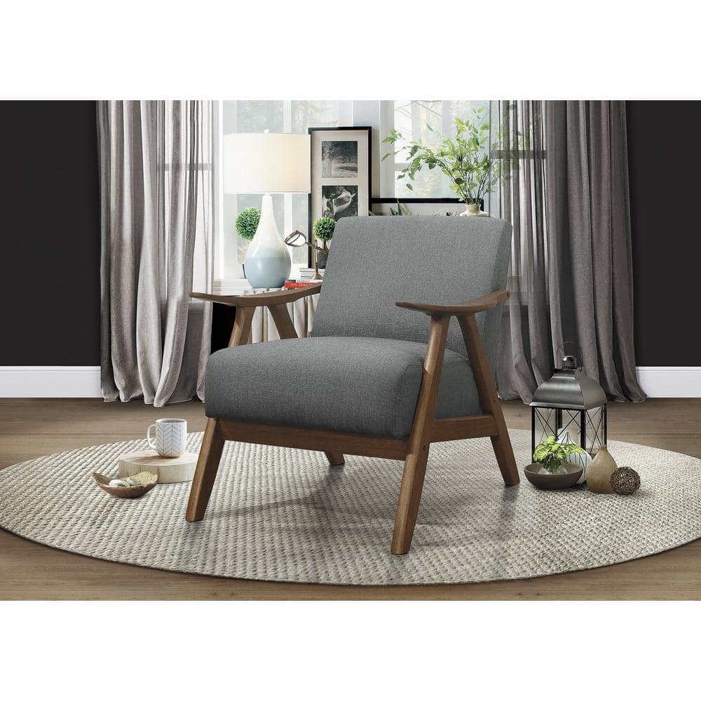 Transitional Gray Fabric Accent Chair with Walnut Wood Frame