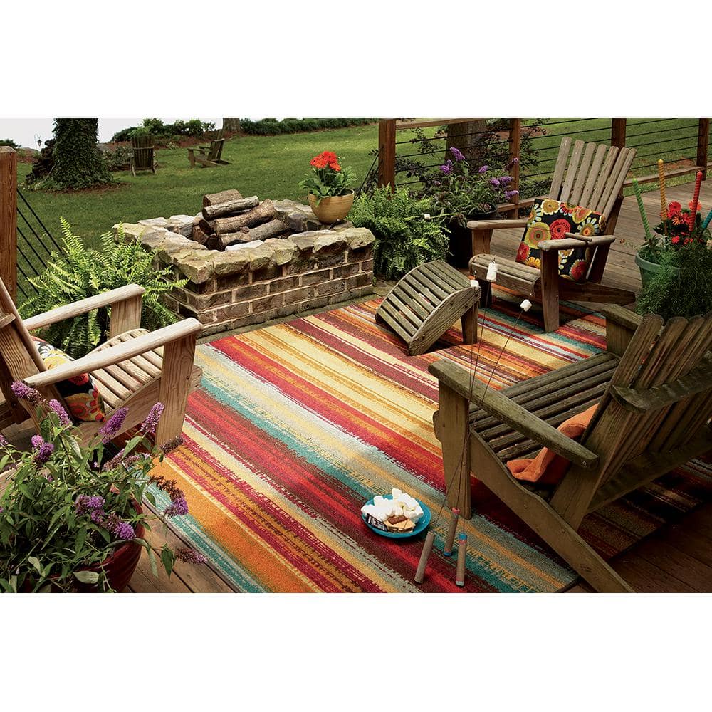 Rectangular Red Stripe Stain-Resistant Synthetic Area Rug
