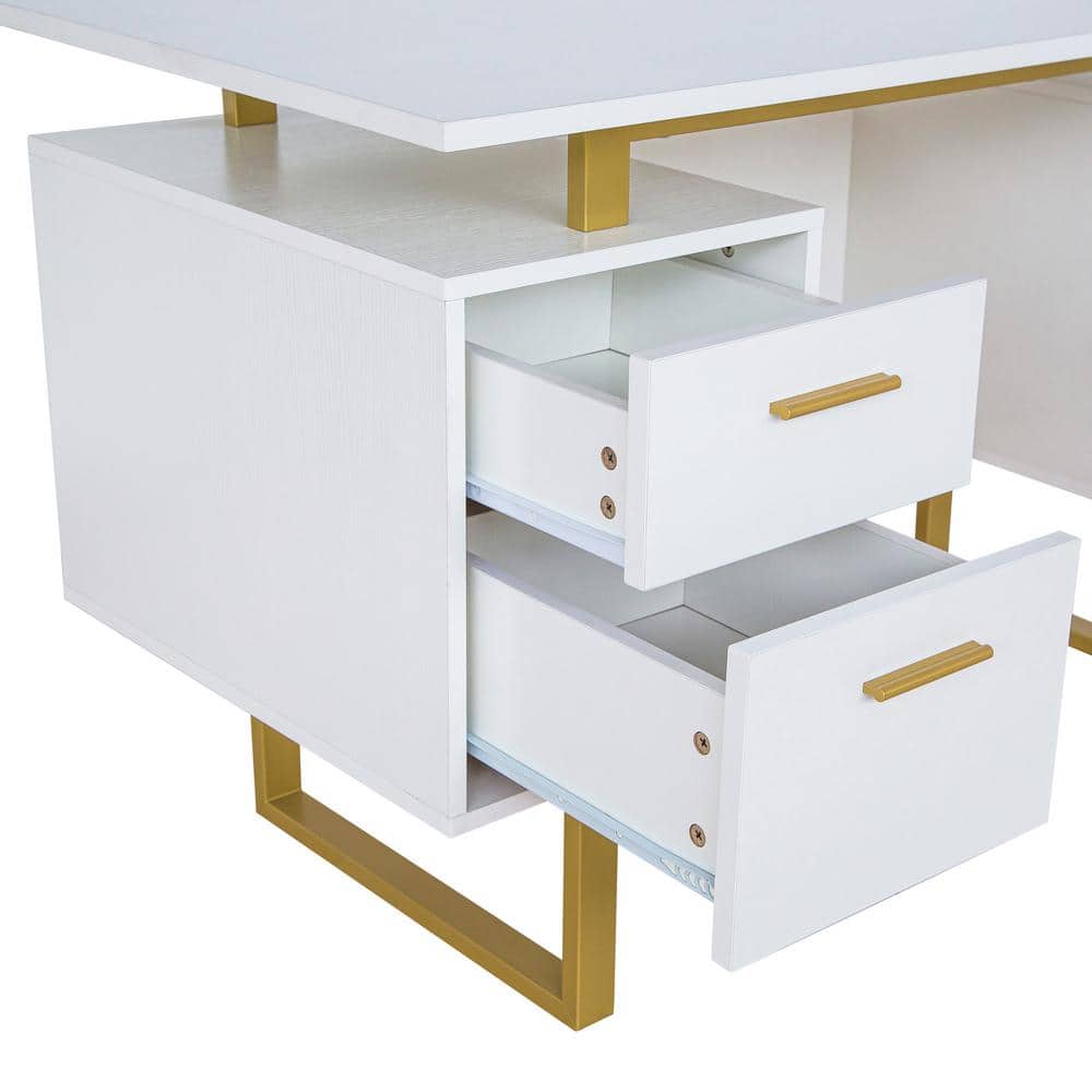 White and Gold Modern Writing Desk with Storage Drawers