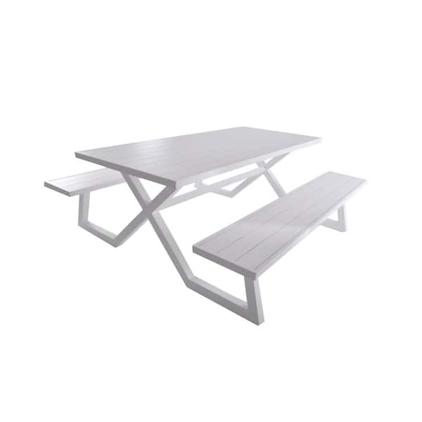 Vivere Banquet White Rectangle Aluminum Picnic Table with Attached Bench Seating