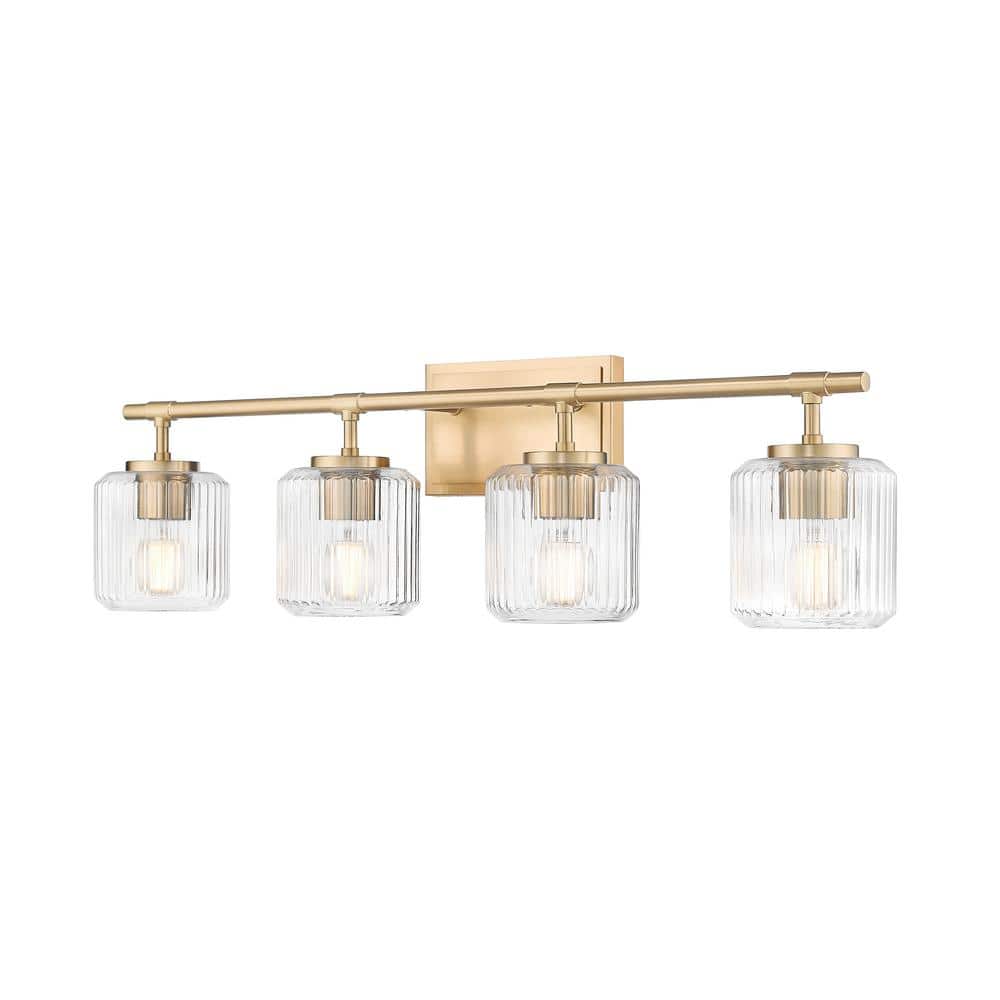 Landon 32 in. 4 Light Modern Gold Vanity Light with Clear Ribbed Glass Shad