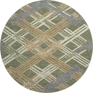 Mayfield Premium Machine Washable Abstract AMF2452 Olive 8 ft. x 8 ft. Round Rug