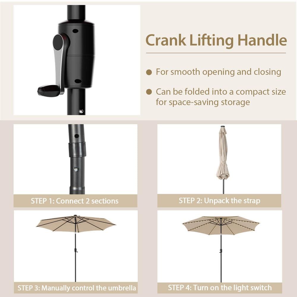 10ft Beige Solar LED Lighted Patio Umbrella with Crank Tilt