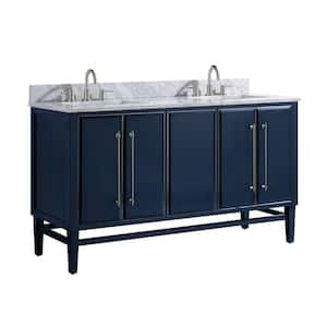 Mason 61 in. Double Sink Navy Blue with Silver Trim Bath Vanity with Carrara White Marble Top