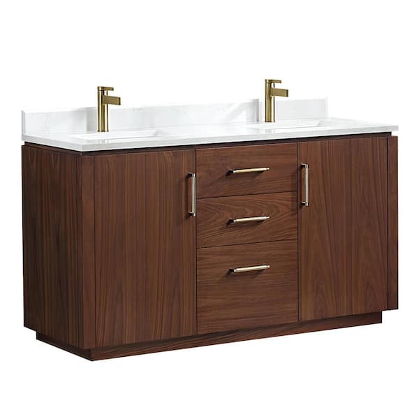 San 60 in.W x 22 in.D x 33.8 in.H Double Sink Bath Vanity in Natural Walnut with White Composite Stone Top