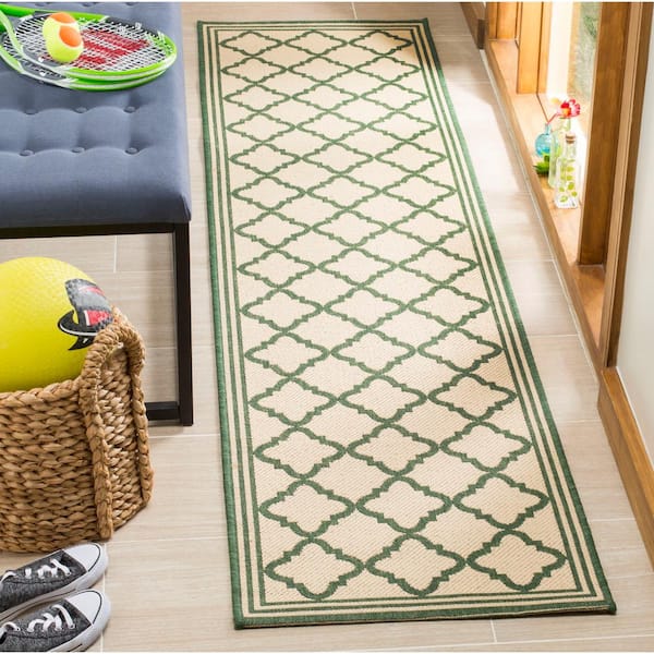 Linden Cream/Green 2 ft. x 8 ft. Border Geometric Trellis Runner Rug