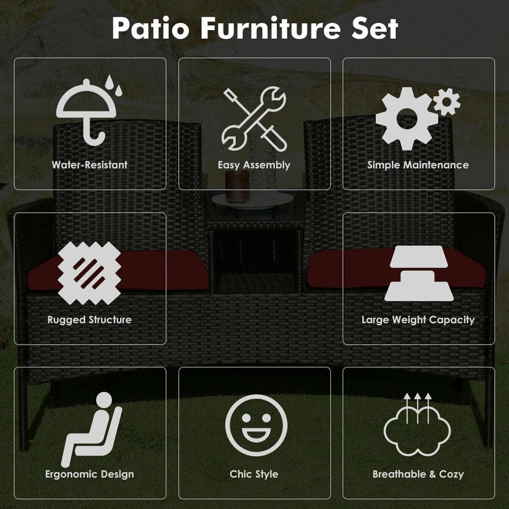 Compact Black Wicker Patio Loveseat with Red Cushions and Glass Table