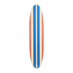 Coastal Decorative Surfboard Wood Wall Art Decor for Living Room; Contemporary Red & Blue Stripes On Natural Wood